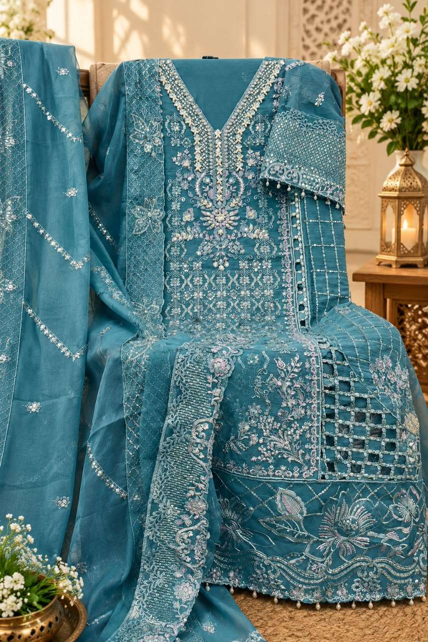 SHREE FABS 5643 COLOR CHIFFON EMBROIDERY KHATLI & CUT WORK SUIT WEDDING OUTFIT ONLINE